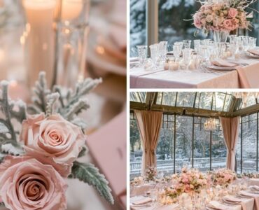 Winter wedding floral arrangement featuring frosted pink roses, peonies, and anemones mixed with pine and eucalyptus, placed in a vintage silver vase for a winter wonderland feel.