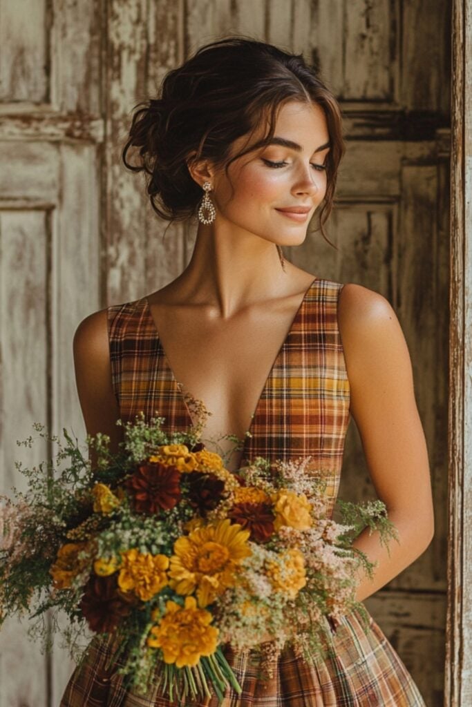Trendy plaid fit-and-flare dress in earthy tones, blending traditional patterns with modern style for rustic fall weddings.