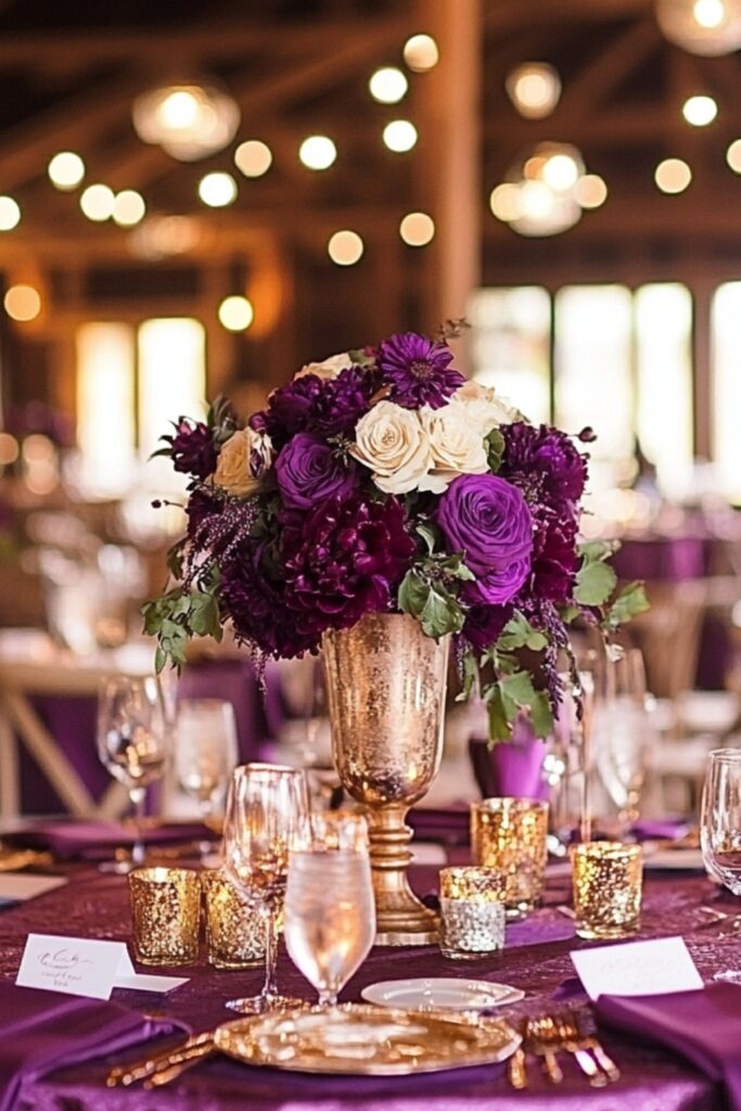 Rustic wedding palette of plum, gold, and ivory, featuring rich table centerpieces, metallic accents, and warm lighting in a barn or vineyard venue.