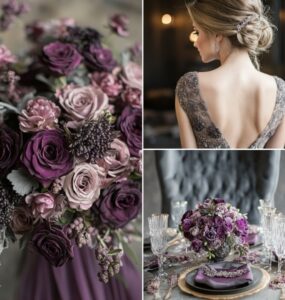 Plum and gray wedding inspiration with a dreamy winter aesthetic, featuring elegant decor, bridal party attire, and floral arrangements in rich plum and soft gray tones.