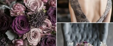 Plum and gray wedding inspiration with a dreamy winter aesthetic, featuring elegant decor, bridal party attire, and floral arrangements in rich plum and soft gray tones.