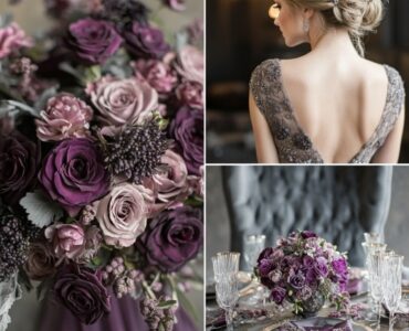 Plum and gray wedding inspiration with a dreamy winter aesthetic, featuring elegant decor, bridal party attire, and floral arrangements in rich plum and soft gray tones.