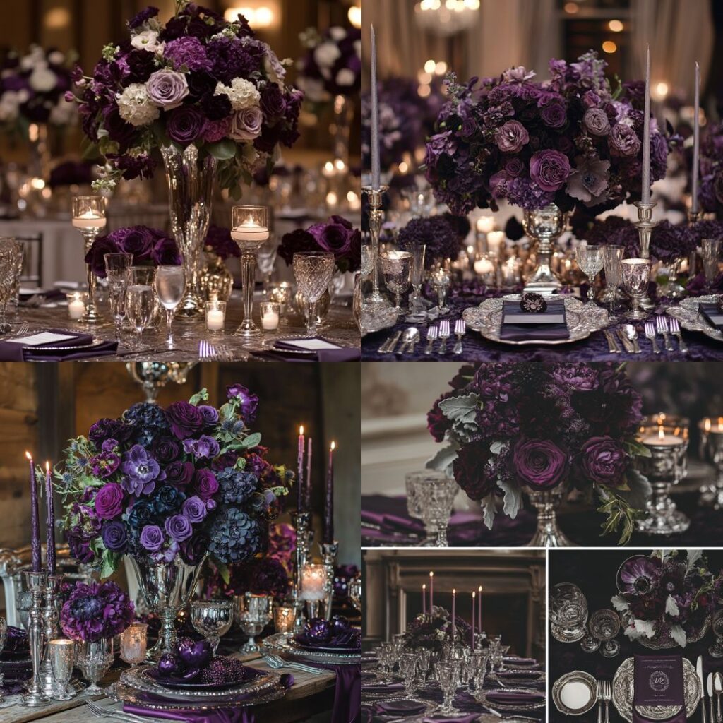 Regal plum and silver wedding décor with deep purple flowers, silver tableware, and candles creating a dramatic, luxurious ambiance for a January celebration.