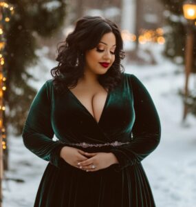 Plus-size winter wedding guest dressed in a chic velvet gown, standing in a snowy outdoor setting with warm lighting and festive decor.