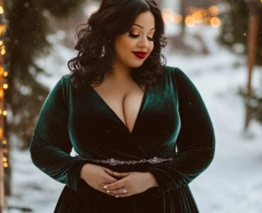 Plus-size winter wedding guest dressed in a chic velvet gown, standing in a snowy outdoor setting with warm lighting and festive decor.