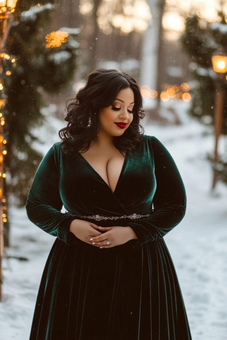 Plus-size winter wedding guest dressed in a chic velvet gown, standing in a snowy outdoor setting with warm lighting and festive decor.