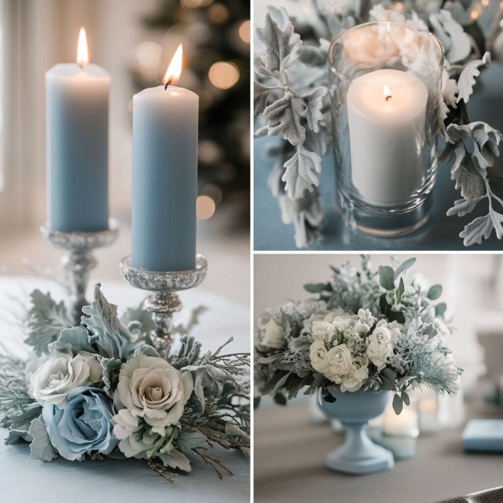 Winter wedding decor with powder blue and grey color palette; grey candles, powder blue florals, and soft greenery create a romantic, wintry ambiance in a serene setting
