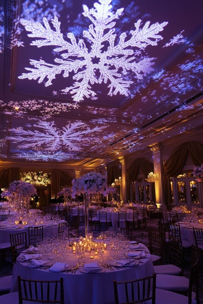 Snowflake projection lighting on a ballroom ceiling, setting a whimsical and dramatic tone for a winter wedding celebration.