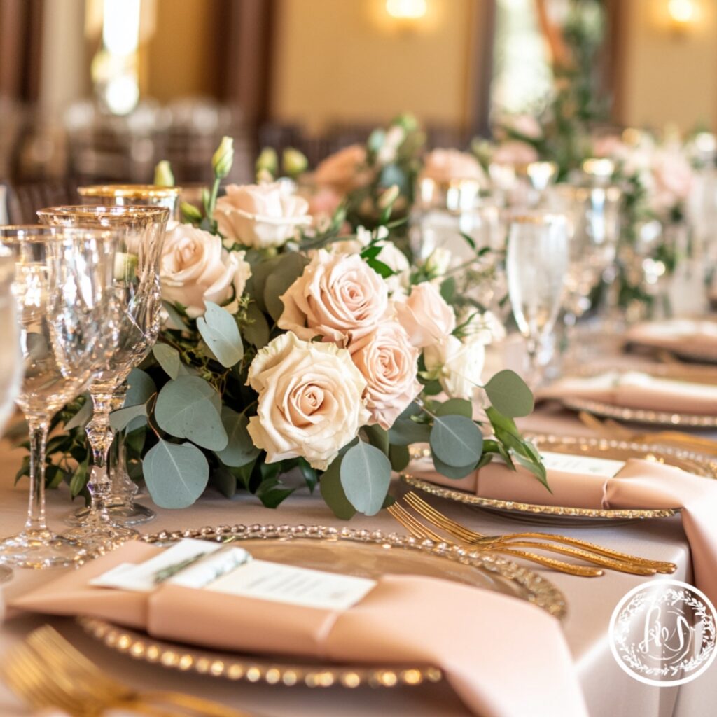 Elegant reception table setting with champagne tablecloths, blush napkins, gold chargers, crystal glassware, and blush floral centerpieces featuring roses and eucalyptus.