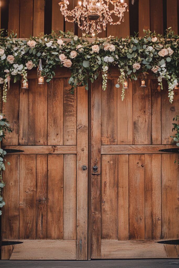 Reclaimed wooden doors decorated with eucalyptus garlands, roses, and a hanging chandelier, creating a vintage rustic wedding backdrop.