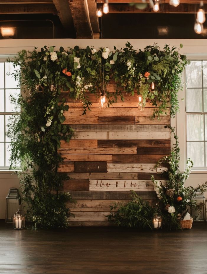 Rustic reclaimed wood sign wall with personalized quotes and greenery, creating a unique and heartfelt backdrop for a wedding.