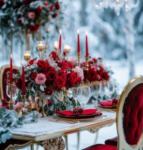 Winter wedding scene featuring rich red floral arrangements and velvet accents, creating a warm and romantic atmosphere against a snowy, frosty backdrop, embodying passion and elegance.