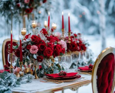 Winter wedding scene featuring rich red floral arrangements and velvet accents, creating a warm and romantic atmosphere against a snowy, frosty backdrop, embodying passion and elegance.