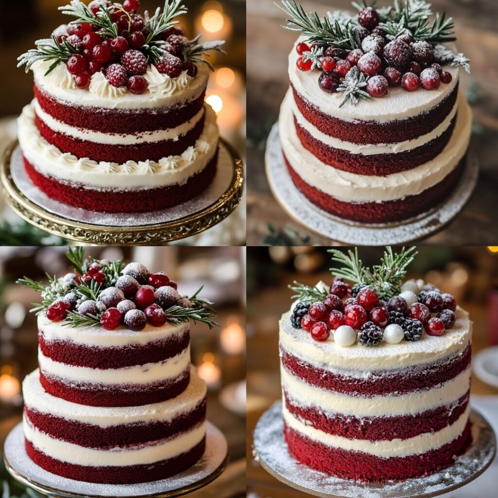 A rich red velvet cake layered with white frosting, topped with frosted berries, rosemary sprigs, and powdered sugar, adding a festive touch for a winter wedding.