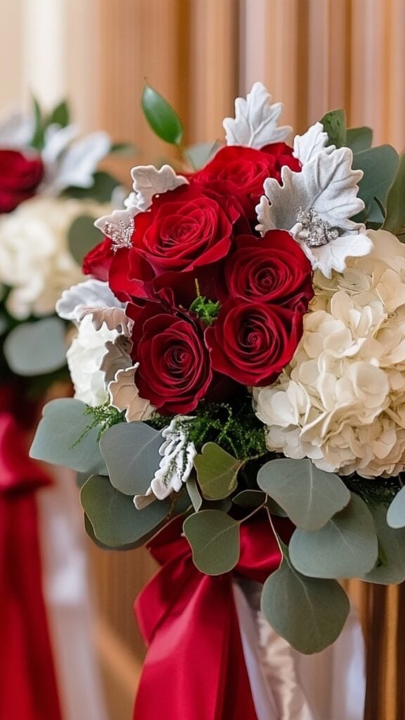 Bouquets of red roses and white hydrangeas with silver eucalyptus, placed along a winter wedding aisle with festive red satin ribbons.