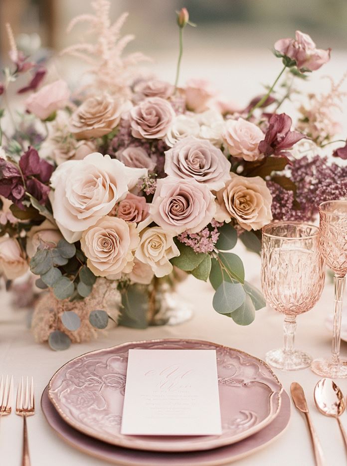 A soft, romantic rustic wedding color palette of rose gold, mauve, and blush pink, perfect for barn or garden venues with vintage charm and elegant decor accents.