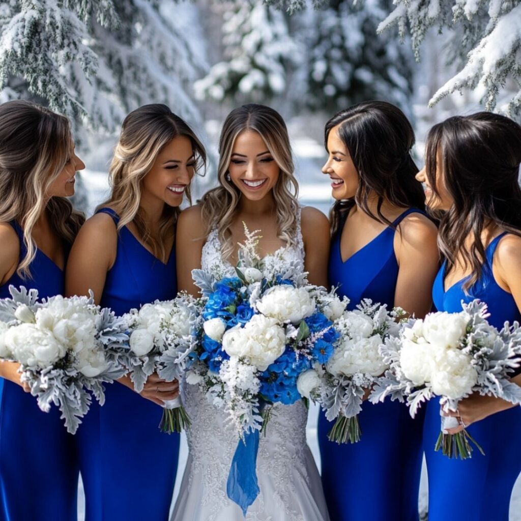 Winter wedding scene with royal blue and white color scheme; royal blue bridesmaid dresses and white florals, accented with silver, for a timeless and bold look.