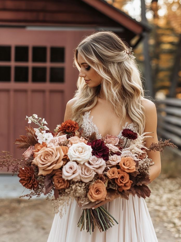 A warm, romantic rustic wedding palette of rust, burgundy, and dusty pink, ideal for autumn celebrations with cozy, inviting vibes in a barn or outdoor setting.