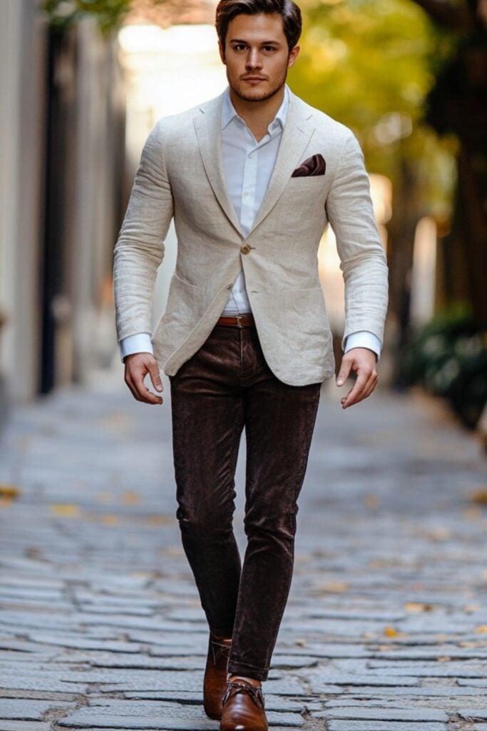 Rustic chic wedding guest attire for men showcasing a linen blazer in light tones, dark trousers, and suede loafers for a trendy and sophisticated style.