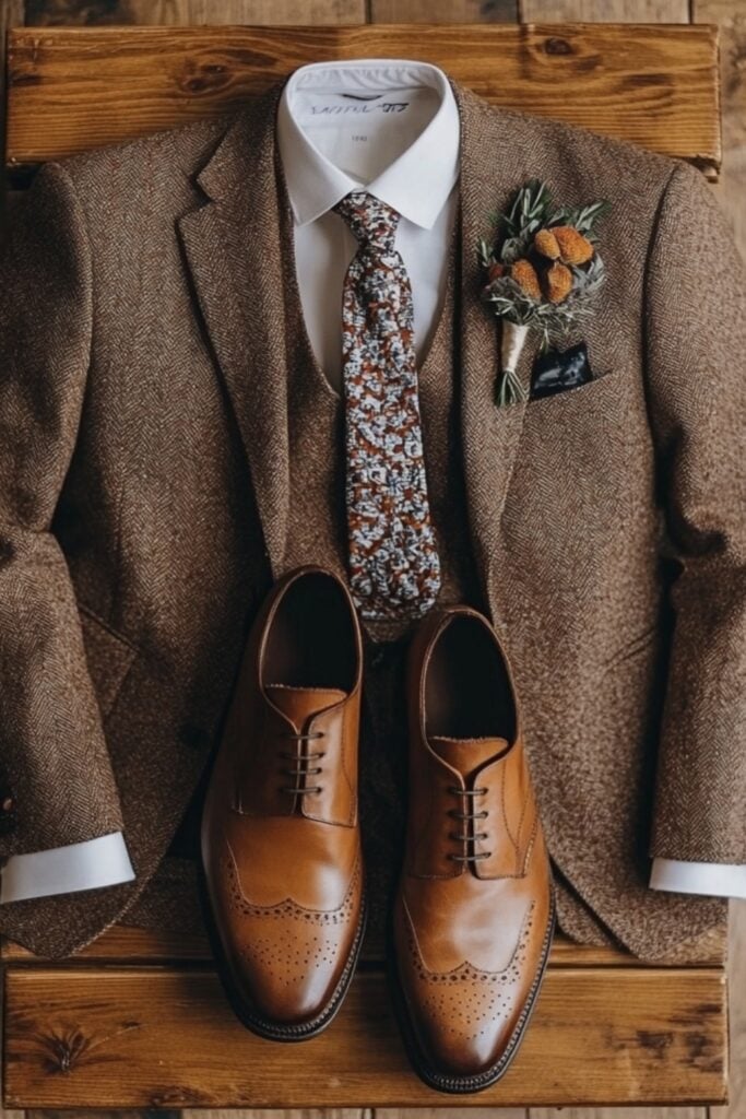 Formal rustic men’s wedding guest attire featuring a three-piece suit in earthy tones, paired with a patterned tie and leather oxford shoes for an elegant countryside look.