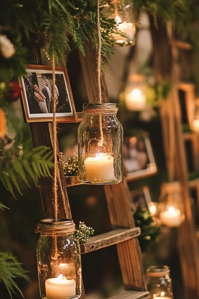 A rustic ladder wedding backdrop adorned with twine, photos, greenery, and mason jars filled with flowers and candles for a personal touch.