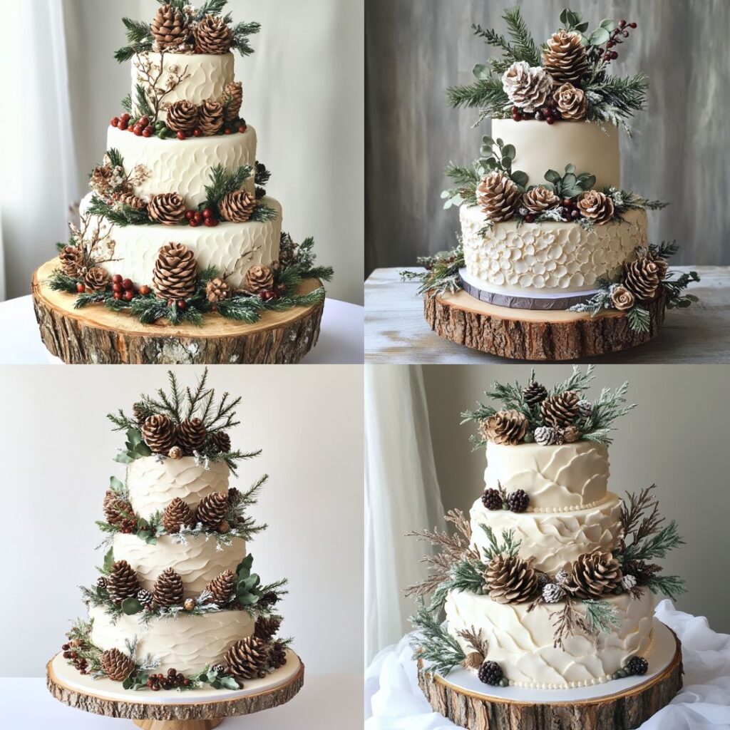 A rustic wedding cake decorated with realistic fondant pinecones, evergreen sprigs, and berries on a naked or textured buttercream base, perfect for a winter woodland theme.