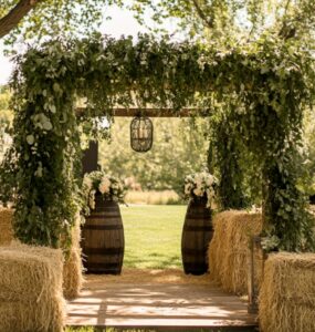 An enchanting rustic wedding setup featuring natural elements, vintage charm, and heartfelt simplicity, including greenery-draped wooden arches and hay bale walls.