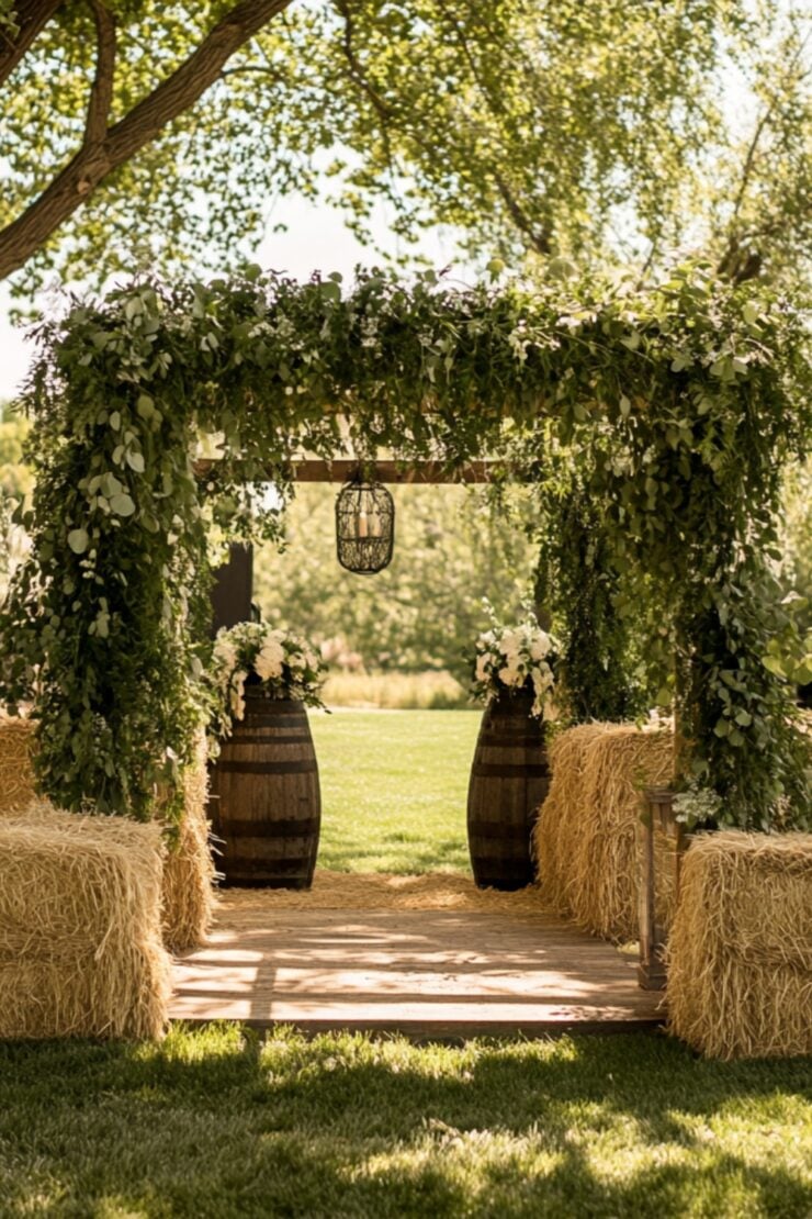 An enchanting rustic wedding setup featuring natural elements, vintage charm, and heartfelt simplicity, including greenery-draped wooden arches and hay bale walls.