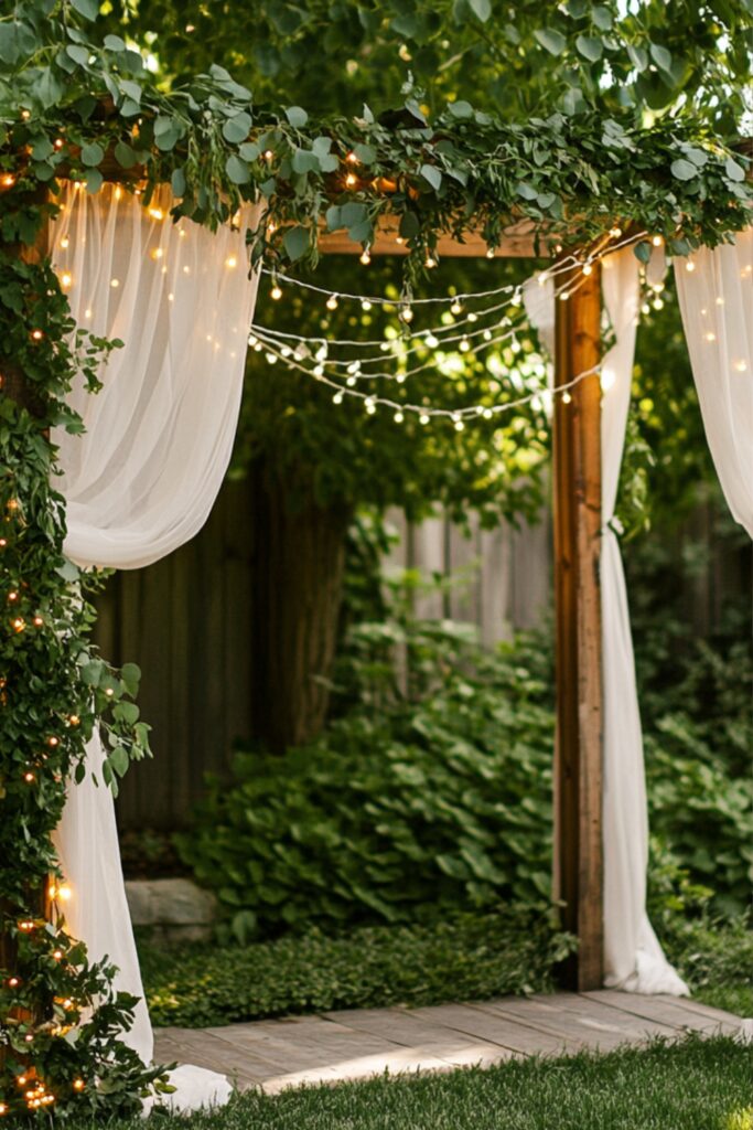 A wooden wedding arch adorned with lush greenery, soft white drapes, and delicate fairy lights, creating an elegant rustic backdrop for an outdoor ceremony.