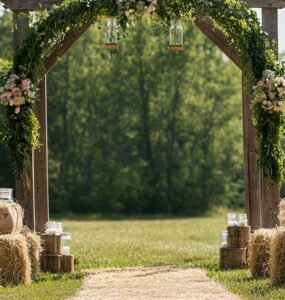 Rustic wedding ceremony setup featuring a wooden arch with greenery and flowers, hay bale seating, and mason jar decor, showcasing a natural and romantic countryside theme.
