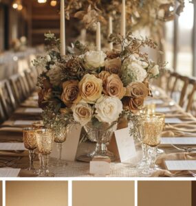 Rustic wedding color palette ideas with warm, earthy tones, natural textures, and elegant metallic accents. Set the mood for a cozy barn or outdoor garden celebration with these inspirational color combinations.