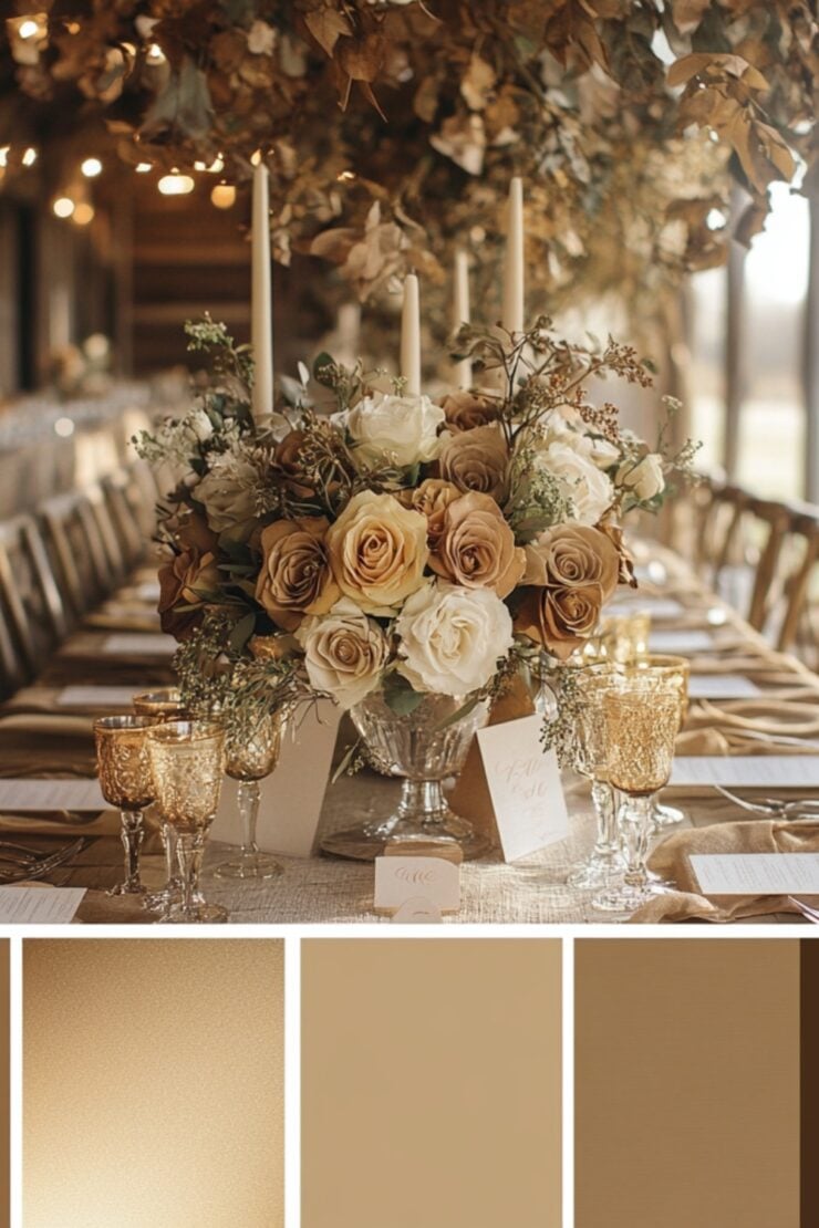 Rustic wedding color palette ideas with warm, earthy tones, natural textures, and elegant metallic accents. Set the mood for a cozy barn or outdoor garden celebration with these inspirational color combinations.
