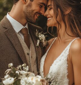 A beautifully dressed couple at a rustic wedding, showcasing coordinated outfits in earthy tones and soft textures, surrounded by charming natural decor.