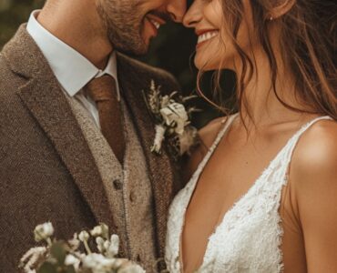 A beautifully dressed couple at a rustic wedding, showcasing coordinated outfits in earthy tones and soft textures, surrounded by charming natural decor.