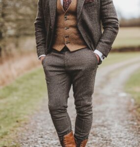 Rustic wedding guest attire for men featuring stylish combinations of tweed blazers, leather boots, and patterned ties, perfect for semi-formal or formal countryside weddings.