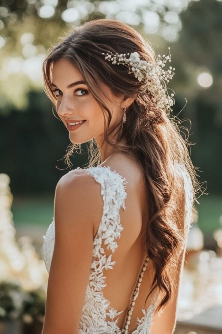 An elegant bride standing in a rustic outdoor wedding setting, her hairstyle reflecting natural beauty with soft waves and floral accents, complementing the countryside charm.