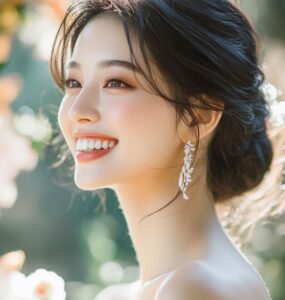 A rustic bride smiling outdoors, showcasing natural and radiant makeup with soft, earthy tones that blend seamlessly with her woodland wedding setting.