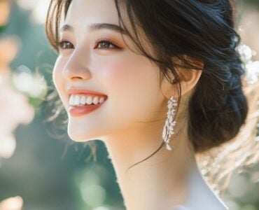 A rustic bride smiling outdoors, showcasing natural and radiant makeup with soft, earthy tones that blend seamlessly with her woodland wedding setting.