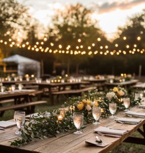 Outdoor rustic wedding reception with long wooden tables, soft string lights, and greenery creating a warm, inviting atmosphere for celebration.
