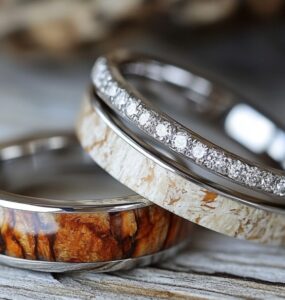 Rustic wedding rings with natural elements, like wood inlays and hammered finishes, displayed on a wooden background, symbolizing the charm of the outdoors.