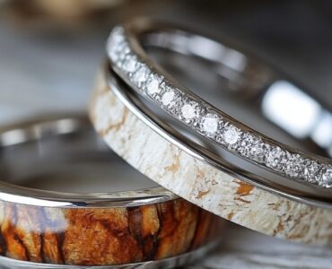 Rustic wedding rings with natural elements, like wood inlays and hammered finishes, displayed on a wooden background, symbolizing the charm of the outdoors.