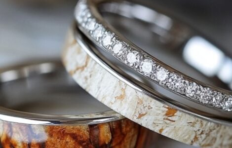 Rustic wedding rings with natural elements, like wood inlays and hammered finishes, displayed on a wooden background, symbolizing the charm of the outdoors.
