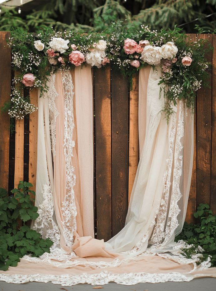 Elegant rustic backdrop combining wooden panels with cascading lace fabric for a vintage and romantic wedding setting.