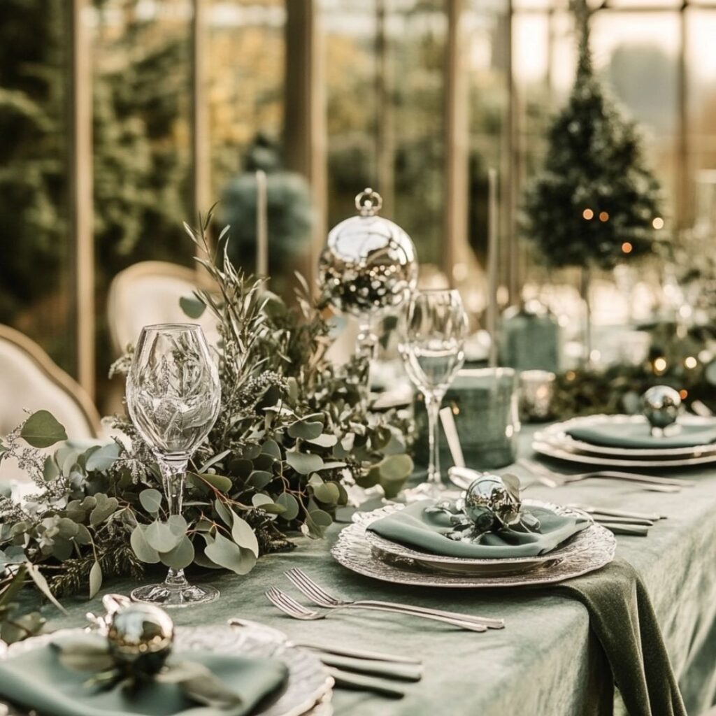 Light winter wedding setup with sage green bridesmaid dresses, silver tableware, sage eucalyptus, and silver ornaments for an ethereal, frosty look.