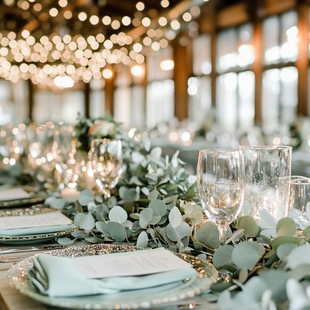 Dreamy winter wedding scene with sage green bridesmaid dresses, eucalyptus centerpieces, and soft lighting, creating a frosty, ethereal vibe with natural greenery.
