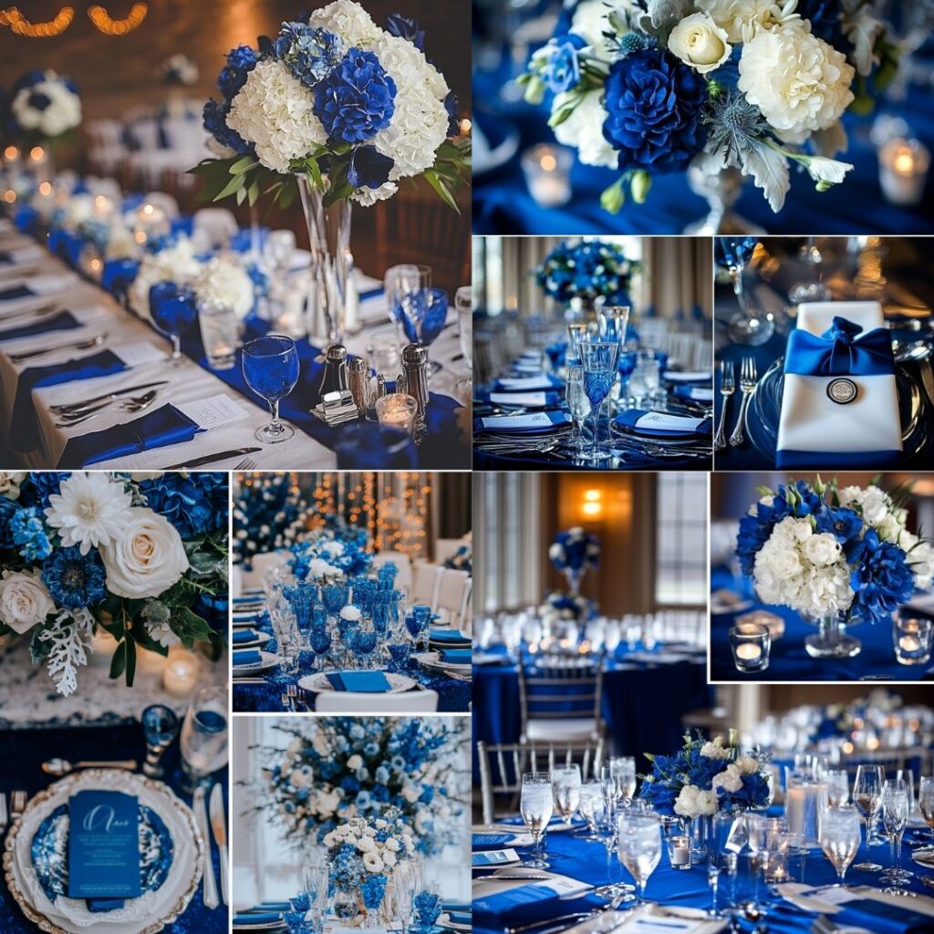 Striking sapphire and white wedding theme, with bold blue accents in table settings and floral arrangements for a vibrant, fresh look in January.