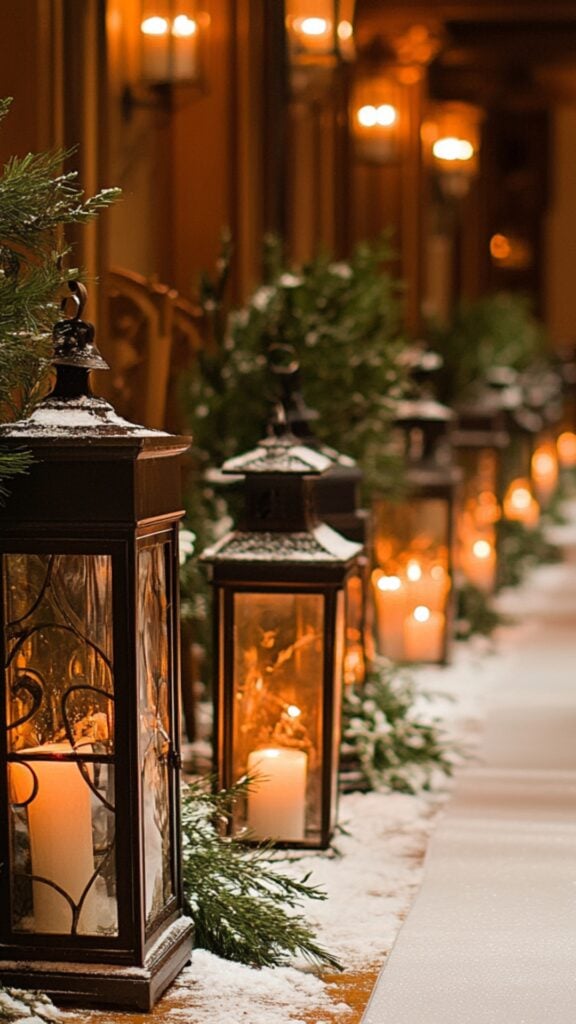 Vintage lanterns dusted with faux snow, lined along a winter wedding aisle with glowing LED candles and evergreen sprigs for a rustic charm.
