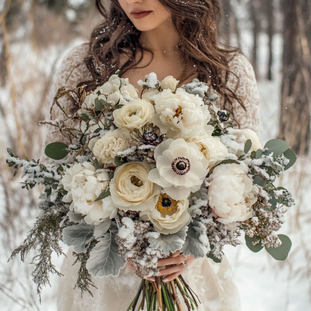 Dreamy winter wedding bouquet with creamy peonies, ranunculus, and hellebore, dusted with faux snow for a magical, winter wonderland ambiance.