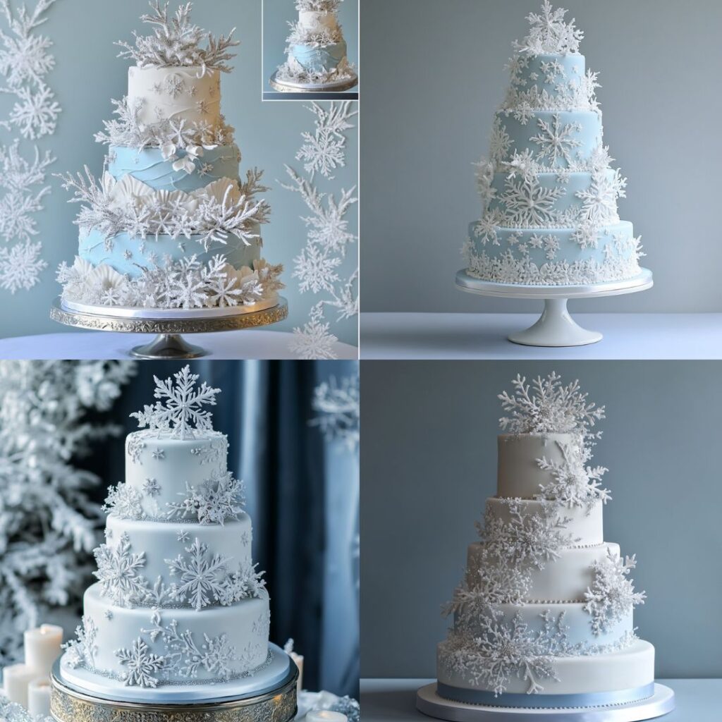 A multi-tiered winter wedding cake with delicate white and silver snowflake decorations on an icy blue background, evoking the beauty of snowflakes in winter.