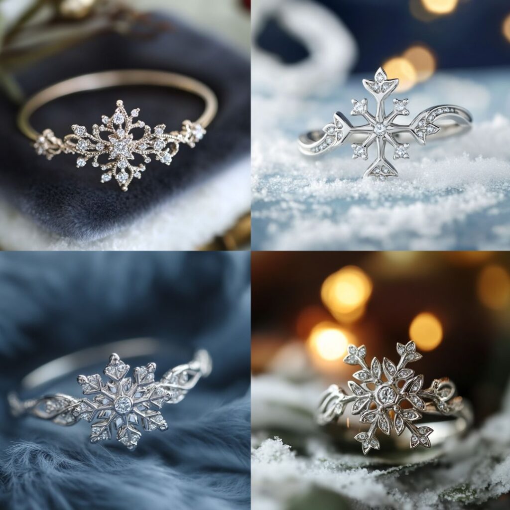 A delicate snowflake-inspired wedding ring featuring intricate diamond accents in snowflake patterns, perfect for winter weddings.